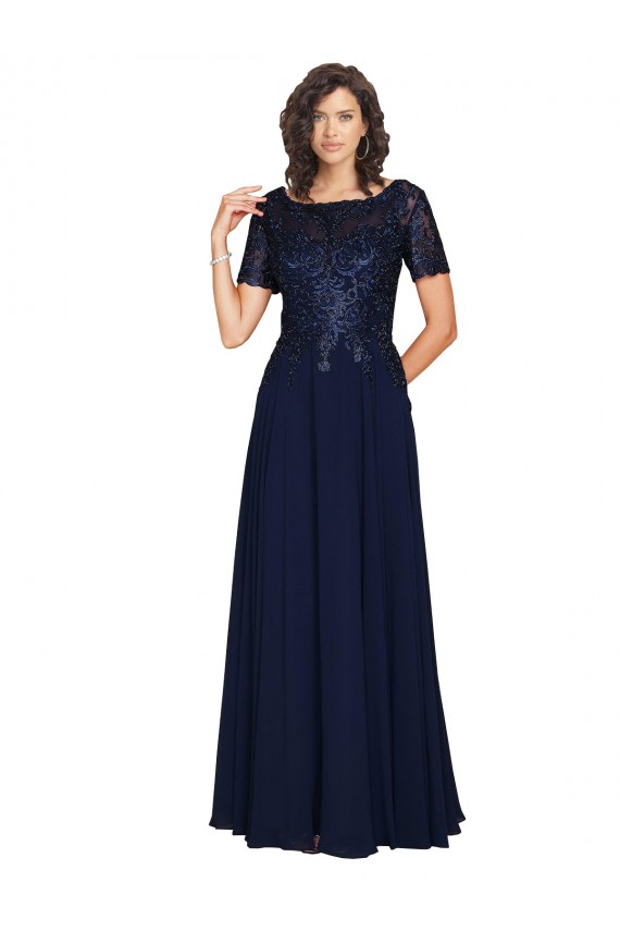 Outlet Bleu marine foncé Trapèze Col rond Mousseline Longue Robes demoiselle d'honneur / Robes de bal