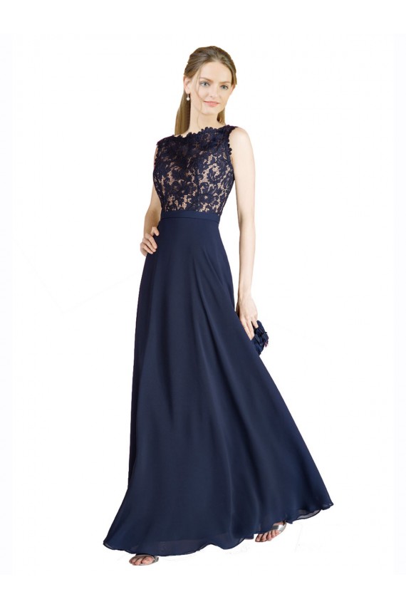 Outlet Bleu marine foncé Trapèze Illusion Mousseline Dentelle Longue Robes demoiselle d'honneur / Robes de bal