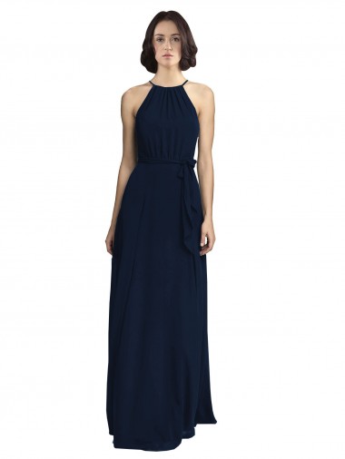Outlet Bleu marine foncé Trapèze Licou Col Haut Mousseline Longue Robes demoiselle d'honneur