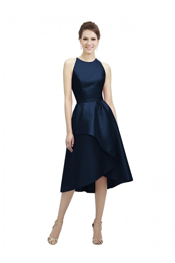 Outlet Bleu marine foncé Trapèze Licou Col bijou Satiné Courte Asymétrique Robes demoiselle d'honneur