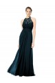 Outlet Bleu marine foncé Trapèze Licou Illusion Mousseline Dentelle Longue Robes demoiselle d'honneur