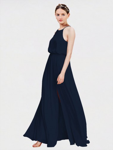 Outlet Bleu marine foncé Trapèze Licou Mousseline Longue Robes demoiselle d'honneur