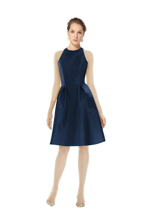 Outlet Bleu marine foncé Trapèze Licou Satiné Courte Robes demoiselle d'honneur / Robes de cocktail