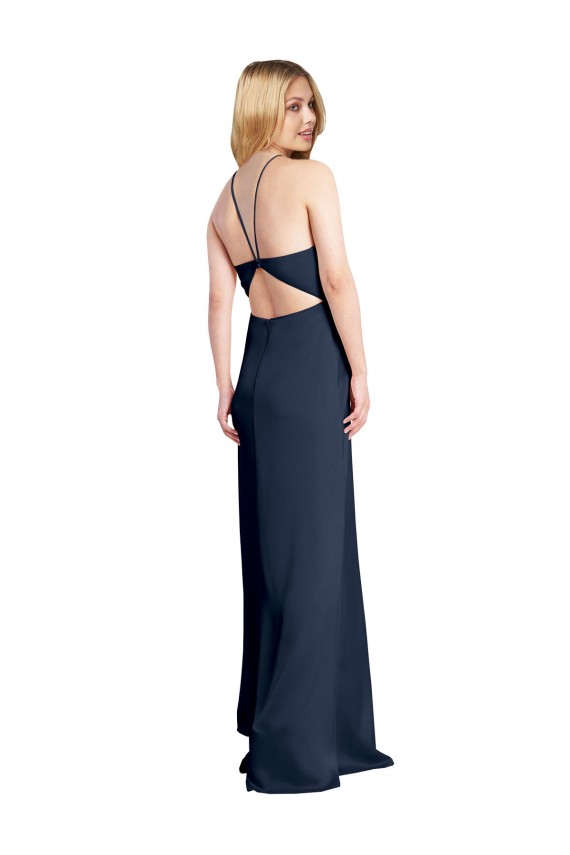 Outlet Bleu marine foncé Trapèze Licou Satiné Stretch Longue Formelles Robes demoiselle d'honneur / Robes de soirée / Robes de bal