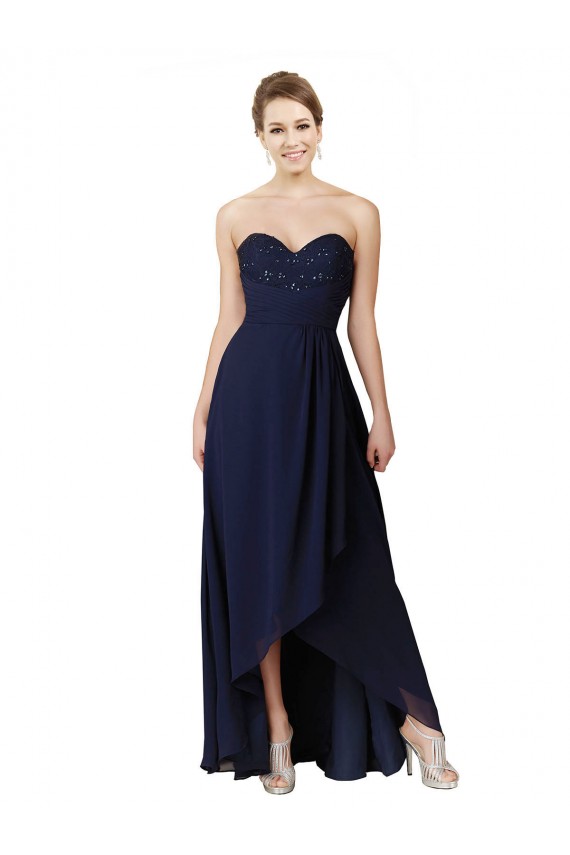 Outlet Bleu marine foncé Trapèze Mousseline Longue Asymétrique Robes demoiselle d'honneur