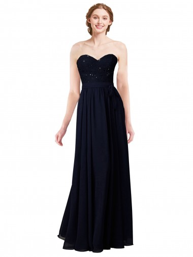 Outlet Bleu marine foncé Trapèze Mousseline Longue Robes demoiselle d'honneur