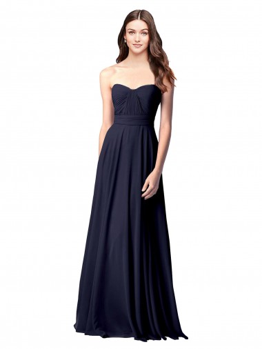 Outlet Bleu marine foncé Trapèze Sans bretelle Mousseline Longue Robes demoiselle d'honneur