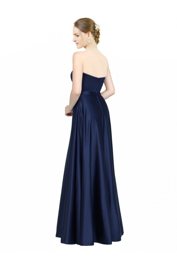 Outlet Bleu marine foncé Trapèze Satiné Stretch Longue Formelles Robes demoiselle d'honneur / Robes de soirée