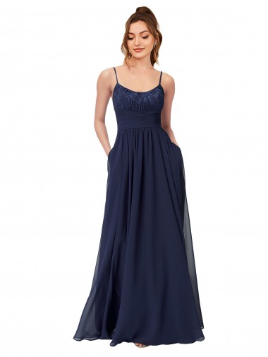 Outlet Bleu marine foncé Trapèze Scoop Mousseline Dentelle Longue Robes demoiselle d'honneur