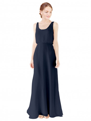 Outlet Bleu marine foncé Trapèze Scoop Mousseline Longue Robes demoiselle d'honneur