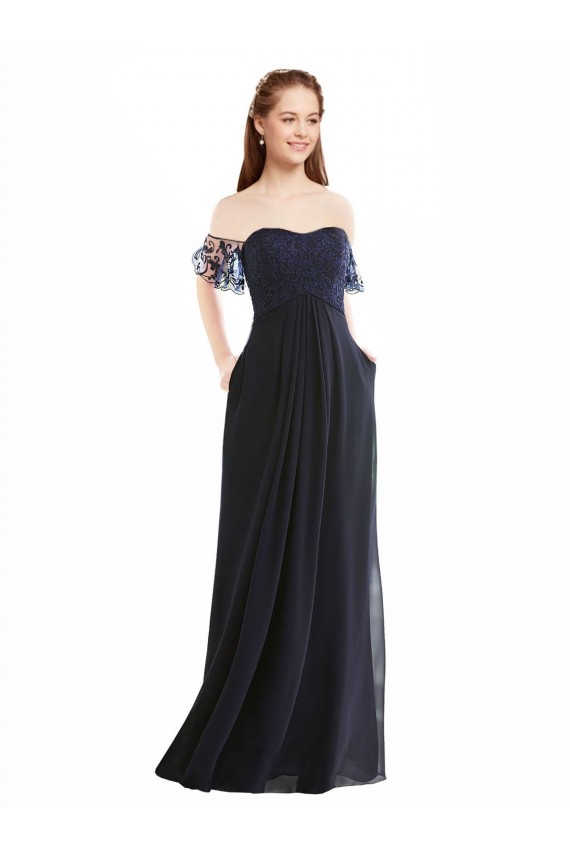 Outlet Bleu marine foncé Trapèze Épaule Dénudée Col V Mousseline Dentelle Longue Robes demoiselle d'honneur