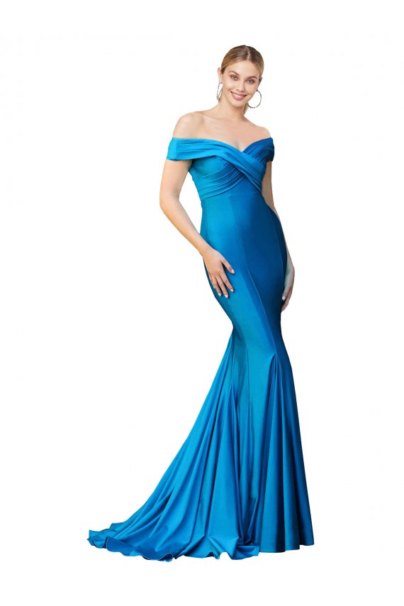 Outlet Bleu paon Sirène Épaule Dénudée Satiné Longue Formelles Robes demoiselle d'honneur / Robes de soirée / Robes de bal