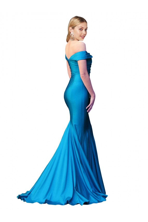 Outlet Bleu paon Sirène Épaule Dénudée Satiné Longue Formelles Robes demoiselle d'honneur / Robes de soirée / Robes de bal