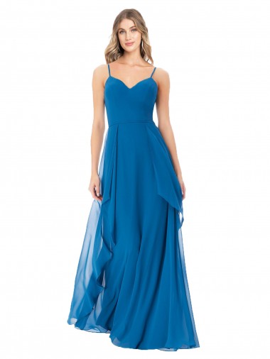 Outlet Bleu paon Trapèze Bretelles spaghetti Mousseline Longue Robes demoiselle d'honneur