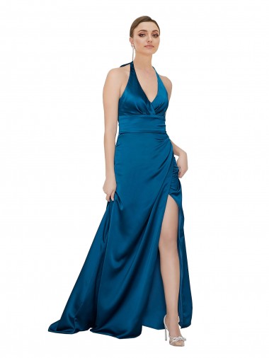 Outlet Bleu paon Trapèze Licou Satiné Soyeux Longue Formelles Robes demoiselle d'honneur / Robes de soirée / Robes de bal