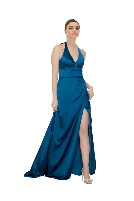 Outlet Bleu paon Trapèze Licou Satiné Soyeux Longue Formelles Robes demoiselle d'honneur / Robes de soirée / Robes de bal