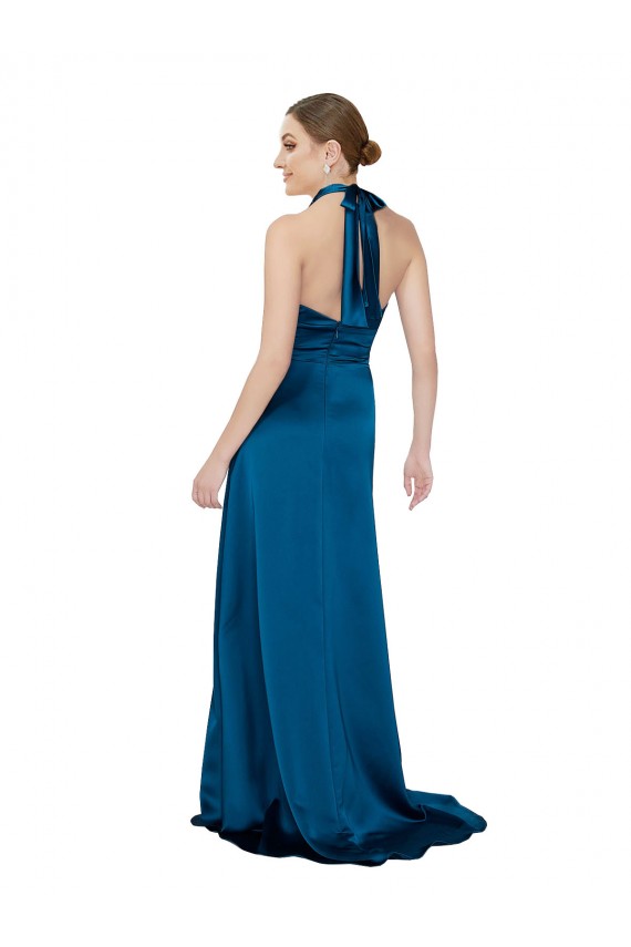 Outlet Bleu paon Trapèze Licou Satiné Soyeux Longue Formelles Robes demoiselle d'honneur / Robes de soirée / Robes de bal