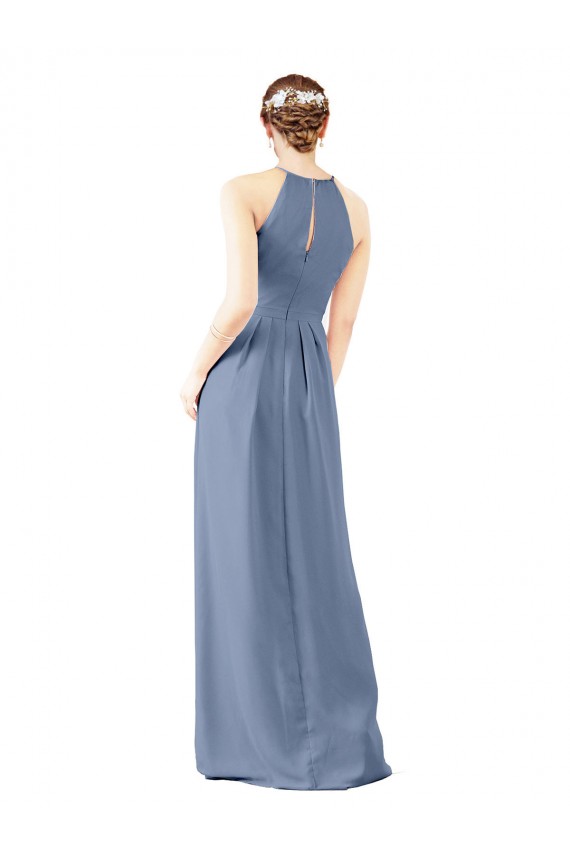 Outlet Bleu poussiéreux Fourreau Licou Col Haut Mousseline Longue Robes demoiselle d'honneur
