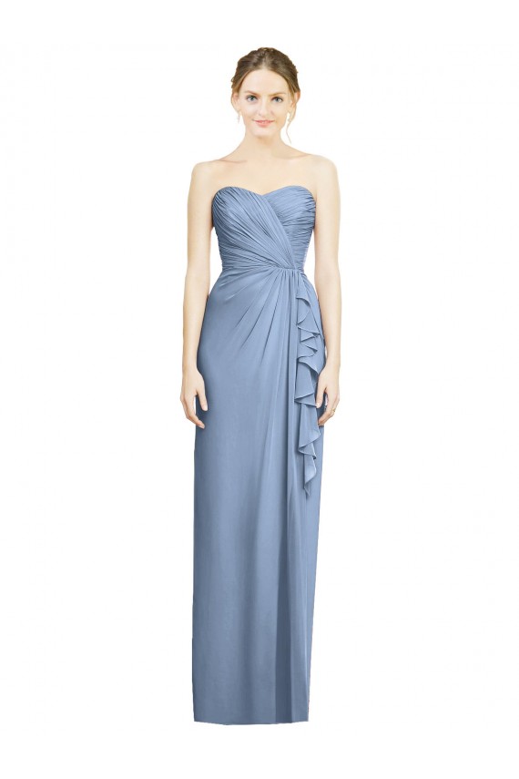 Outlet Bleu poussiéreux Fourreau Sans bretelle Mousseline Longue Robes demoiselle d'honneur
