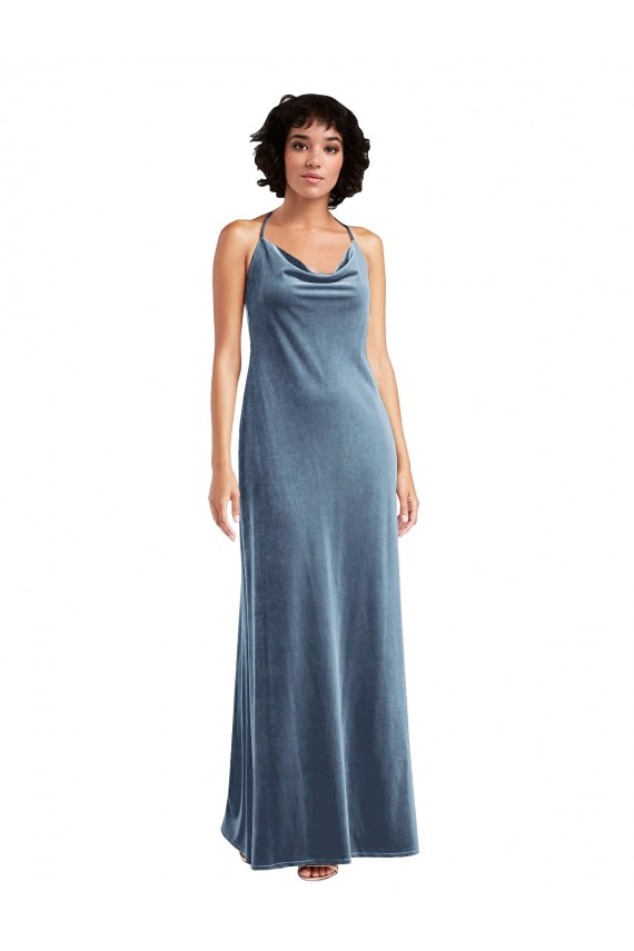 Outlet Bleu poussiéreux Fourreau Velours Stretch Longue Robes demoiselle d'honneur / Robes de bal
