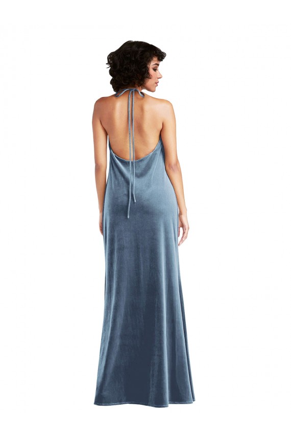 Outlet Bleu poussiéreux Fourreau Velours Stretch Longue Robes demoiselle d'honneur / Robes de bal