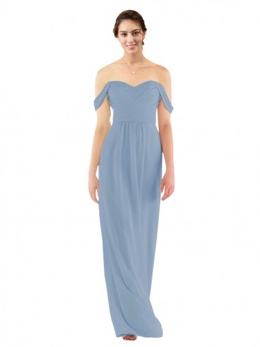 Outlet Bleu poussiéreux Fourreau Épaule Dénudée Mousseline Longue Robes demoiselle d'honneur