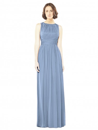 Outlet Bleu poussiéreux Trapèze Bateau Mousseline Longue Robes demoiselle d'honneur