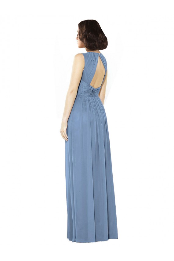 Outlet Bleu poussiéreux Trapèze Bateau Mousseline Longue Robes demoiselle d'honneur