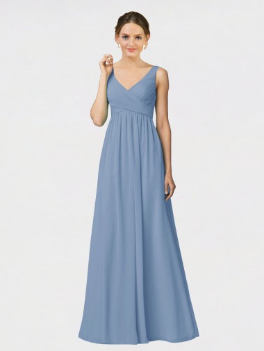 Outlet Bleu poussiéreux Trapèze Bretelles spaghetti Mousseline Longue Robes demoiselle d'honneur