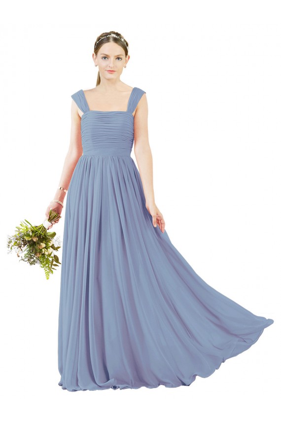 Outlet Bleu poussiéreux Trapèze Col Carré Mousseline Longue Robes demoiselle d'honneur