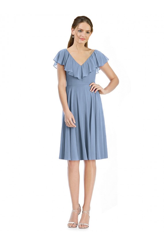 Outlet Bleu poussiéreux Trapèze Col V Mousseline Courte Robes demoiselle d'honneur