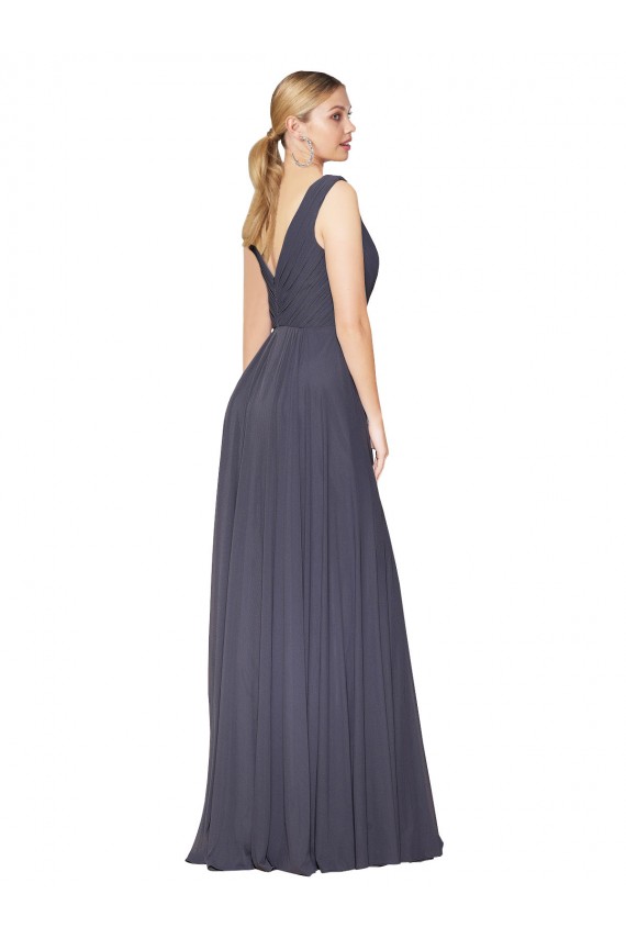 Outlet Bleu poussiéreux Trapèze Col V Mousseline Longue Formelles Robes demoiselle d'honneur / Robes de soirée / Robes de bal