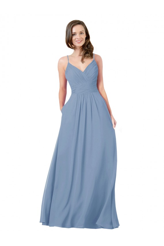 Outlet Bleu poussiéreux Trapèze Col V Mousseline Longue Robes demoiselle d'honneur