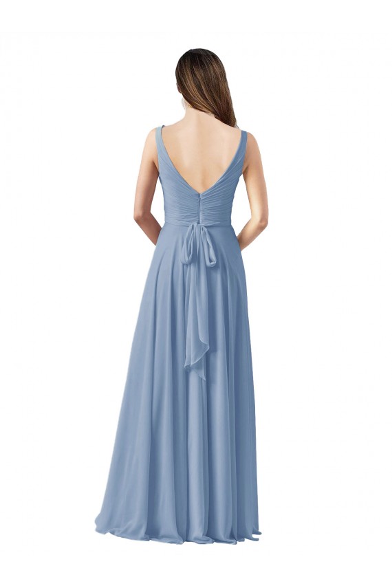 Outlet Bleu poussiéreux Trapèze Col V Mousseline Longue Robes demoiselle d'honneur