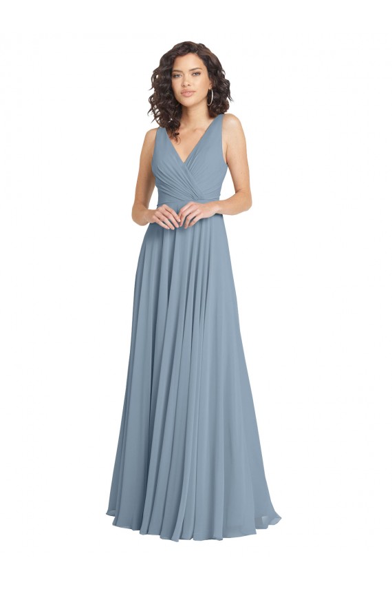 Outlet Bleu poussiéreux Trapèze Col V Mousseline Longue Robes demoiselle d'honneur