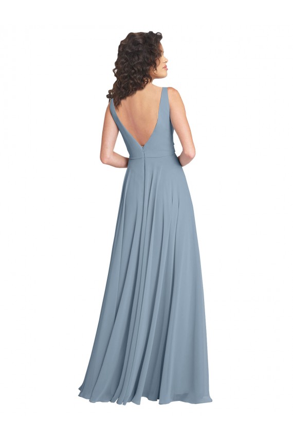 Outlet Bleu poussiéreux Trapèze Col V Mousseline Longue Robes demoiselle d'honneur