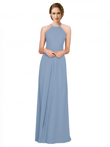 Outlet Bleu poussiéreux Trapèze Licou Col Haut Mousseline Longue Robes demoiselle d'honneur