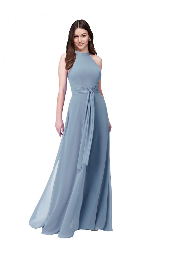 Outlet Bleu poussiéreux Trapèze Licou Col Haut Mousseline Longue Robes demoiselle d'honneur
