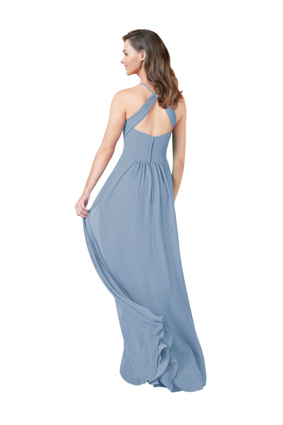 Outlet Bleu poussiéreux Trapèze Licou Mousseline Longue Robes demoiselle d'honneur