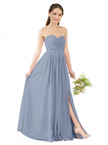 Outlet Bleu poussiéreux Trapèze Mousseline Longue Robes demoiselle d'honneur