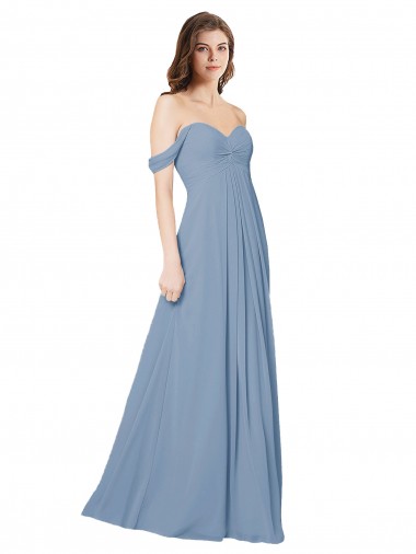Outlet Bleu poussiéreux Trapèze Mousseline Longue Robes demoiselle d'honneur