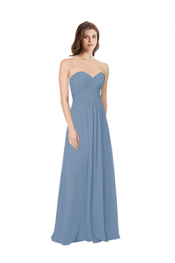 Outlet Bleu poussiéreux Trapèze Mousseline Longue Robes demoiselle d'honneur
