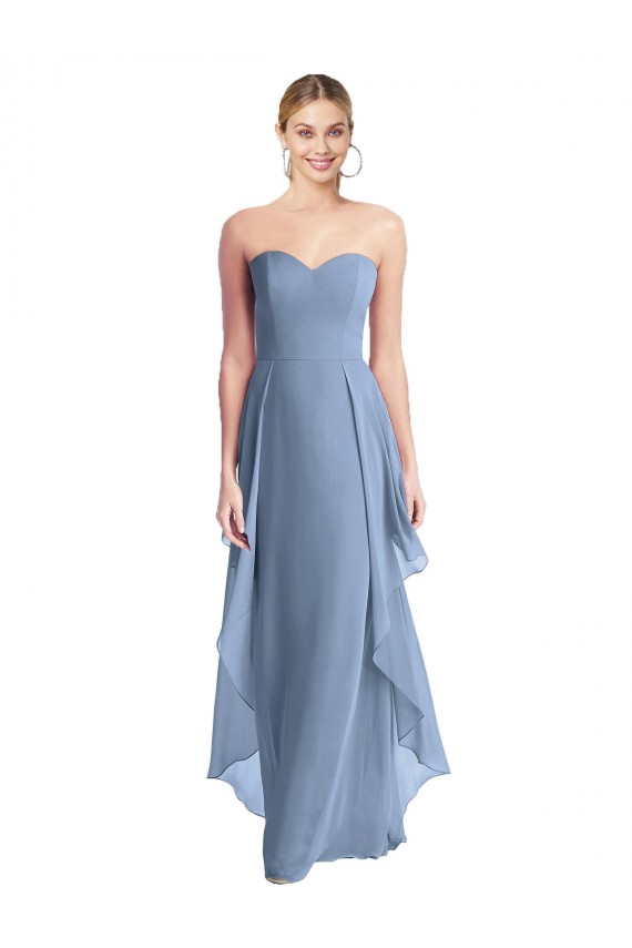 Outlet Bleu poussiéreux Trapèze Sans bretelle Mousseline Longue Robes demoiselle d'honneur