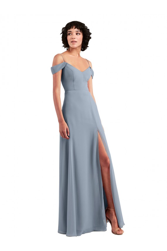 Outlet Bleu poussiéreux Trapèze Épaule Dénudée Bretelles spaghetti Mousseline Longue Robes demoiselle d'honneur