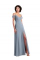 Outlet Bleu poussiéreux Trapèze Épaule Dénudée Bretelles spaghetti Mousseline Longue Robes demoiselle d'honneur
