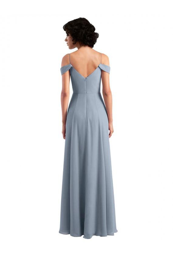 Outlet Bleu poussiéreux Trapèze Épaule Dénudée Bretelles spaghetti Mousseline Longue Robes demoiselle d'honneur