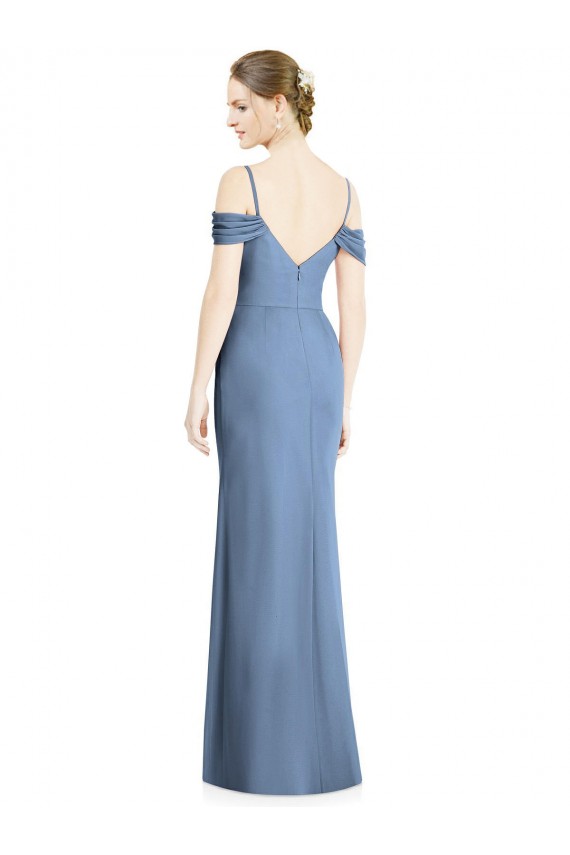 Outlet Bleu poussiéreux Trapèze Épaule Dénudée Mousseline Longue Formelles Robes demoiselle d'honneur / Robes de soirée