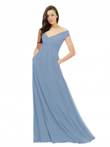 Outlet Bleu poussiéreux Trapèze Épaule Dénudée Mousseline Longue Robes demoiselle d'honneur