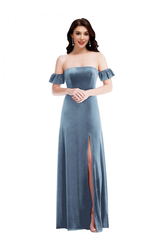 Outlet Bleu poussiéreux Trapèze Épaule Dénudée Velours Stretch Longue Robes demoiselle d'honneur / Robes de bal
