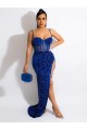 Outlet Bleu roi Fourreau Bretelles spaghetti Balayage train Paillettes Velours Longue Robes de bal